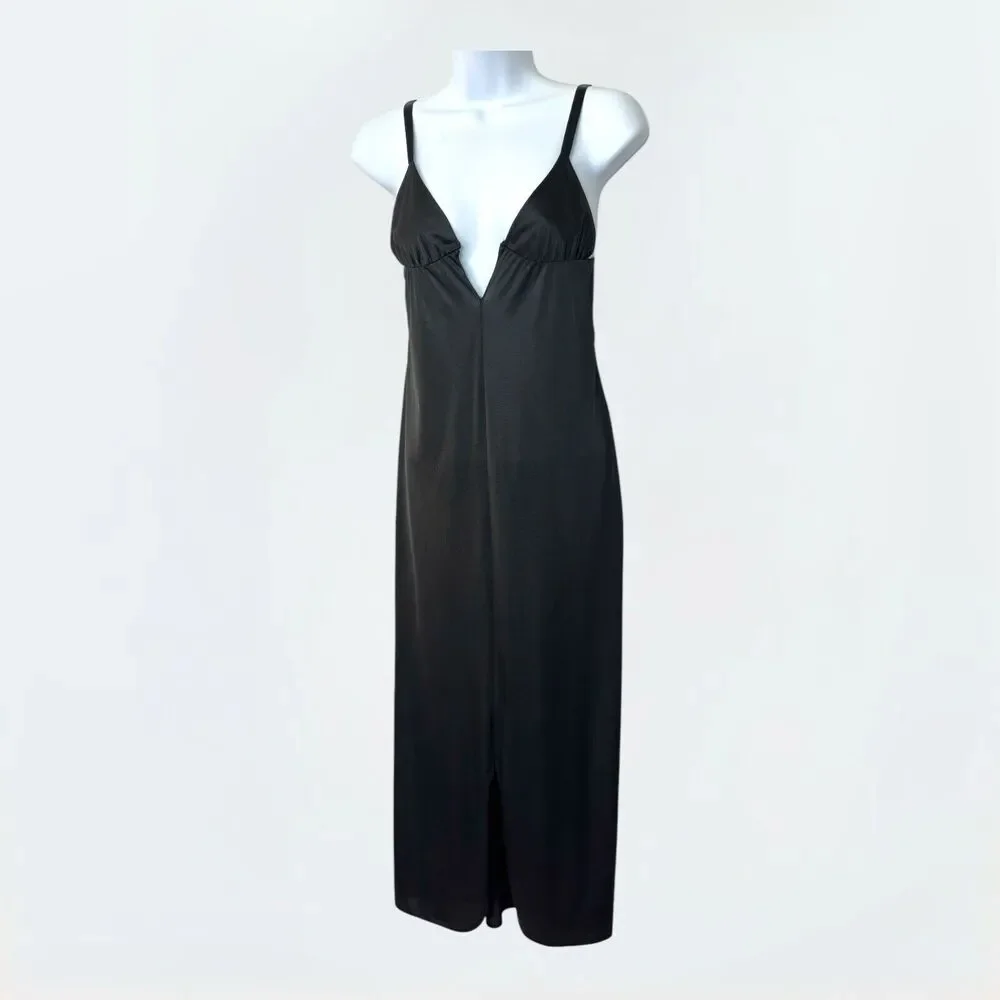Vintage Black Nylon Midi Slip Dress 32 Deep V Slit USA Hollywood Babydoll